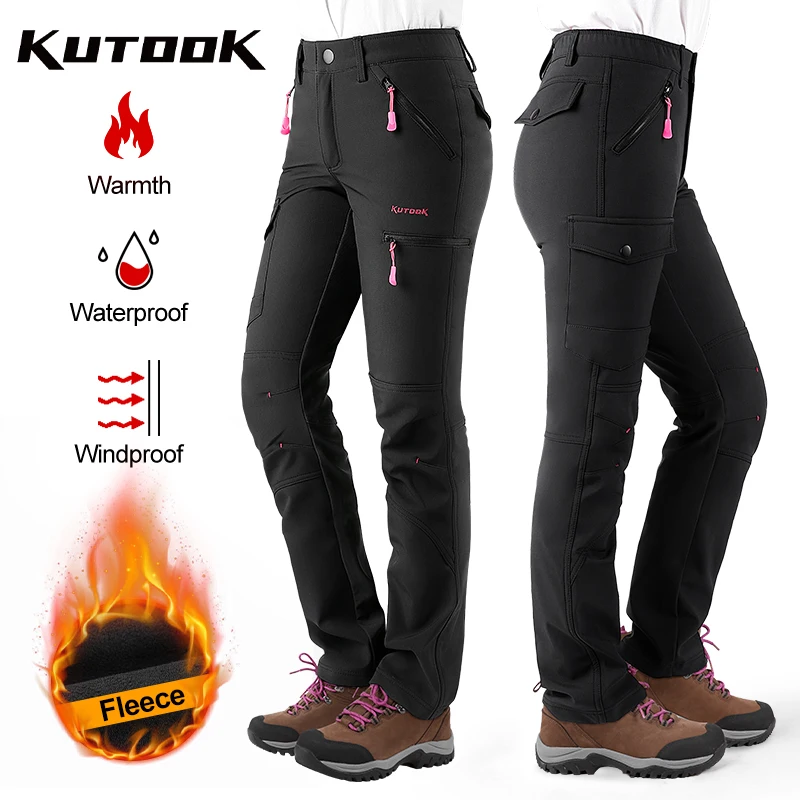 KUTOOK Women Hiking Pants Quick Dry Fleece Trekking Trousers for Outdoor Camp Climbing Waterproof Soft Shell Pants Multi Pockets