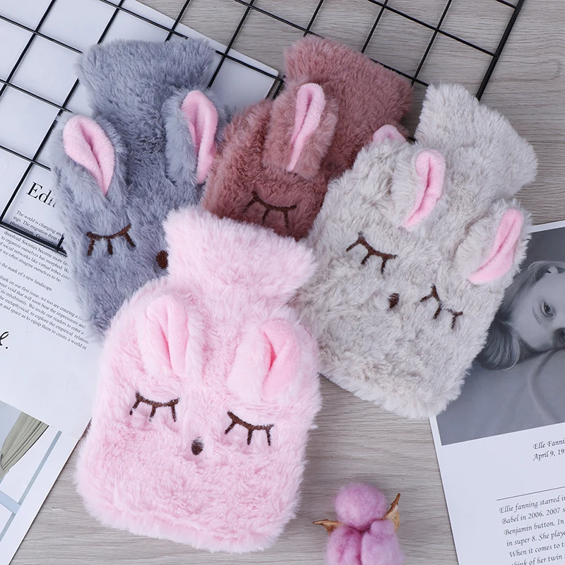 

Winter Warm Heat Hand Warmer Water Injection Hot Water Bag PVC Stress Pain Relief Hot Water Bottle With Soft Rabbit Cozy Cover