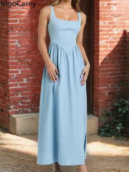 VigoCasey 2025 Summer Female Sexy Solid Strap Dress Women Sleeveless Long Dress Casual Square Collar Lady Tight Dresses