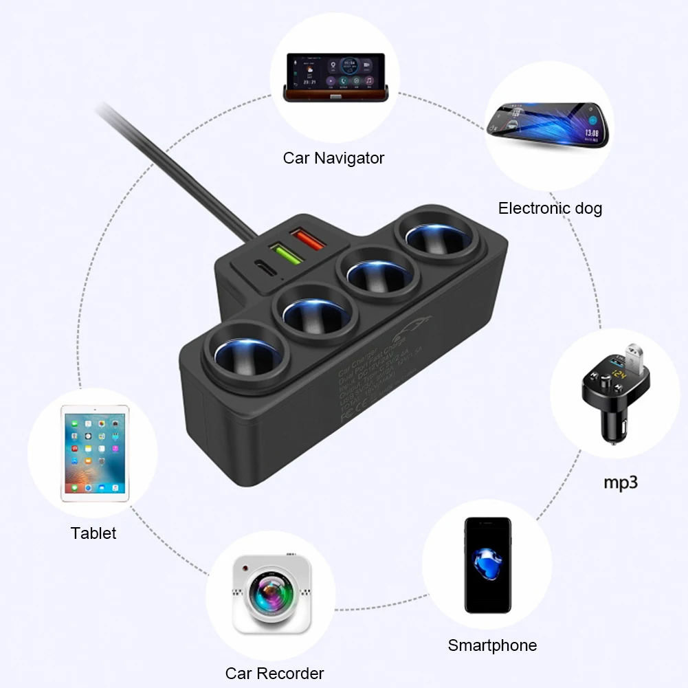 Car Cigarette Lighter Splitter with 4 Outlets and 3 USB Ports