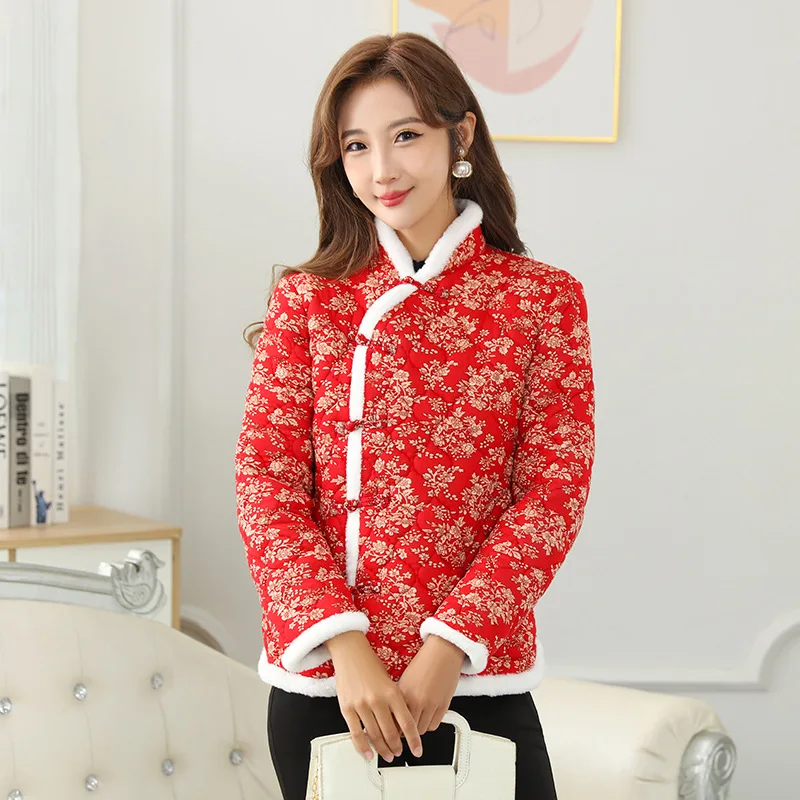 Women Tang Suit Hanfu Tops Floral Print Cotton-padded Clothes Winter Warm Festive Chinese New Year Clothes