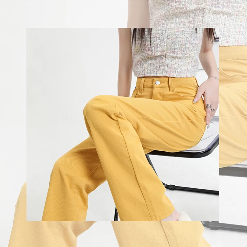 Real time photo of yellow wide leg jeans for women's spring and summer long pants, commuting high waisted and slimming narrow ve