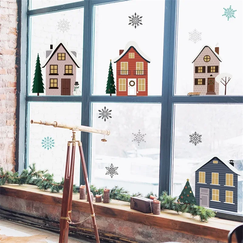 Christmas Houses Window Stickers Removable Self-adhesive Double Sided Snowflakes Xmas Tree Wall Glass Decals Home Decoration