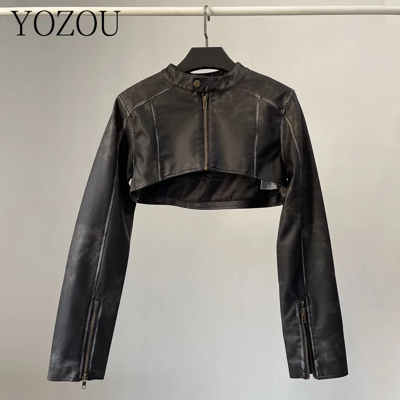 [YOZOU] Black Brown Biker Faux Leather PU Spicy Girl Smock Cropped Zipper Jackets Short Coat Women Rave Outfits Kpop Streetwear