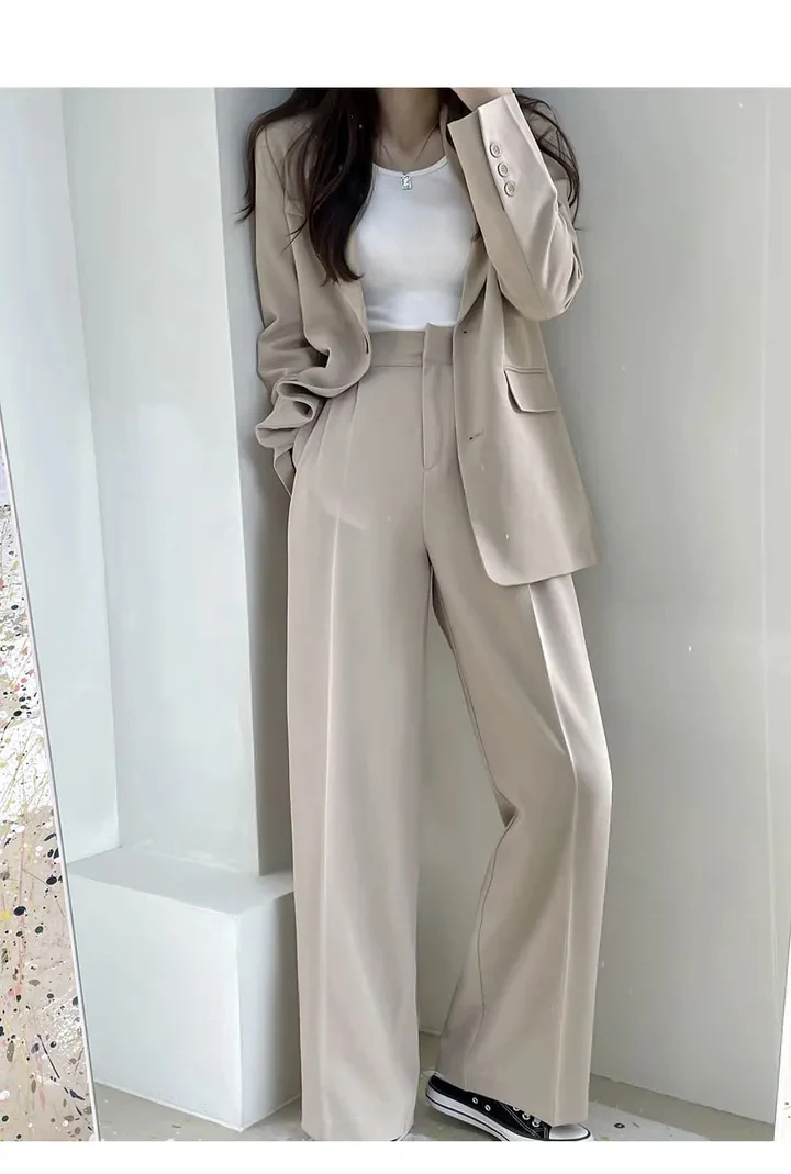 

Spring Autumn Women Office Lady Pant Suits New Female Solid Loose Long Sleeve Blazers Coat+casual Straight Pants Simple Outfits