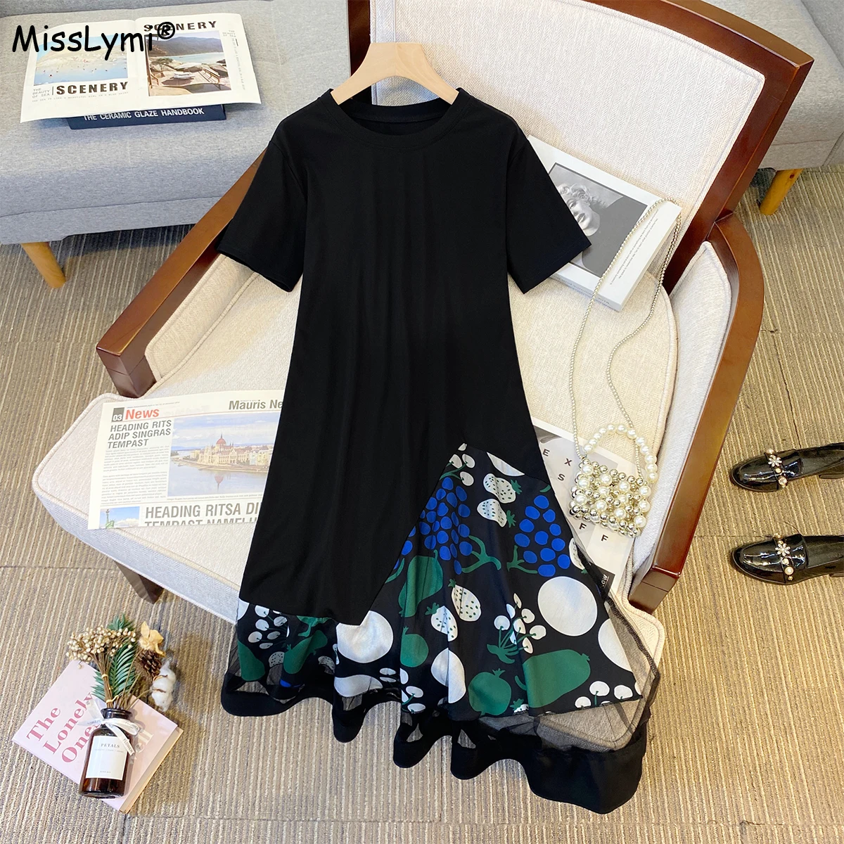 

Женское асимметричное платье-футболка, хлопковое лоскутное платье большого размера с коротким рукавом и асимметричным цветочным принтом в Корейском стиле, лето 2023