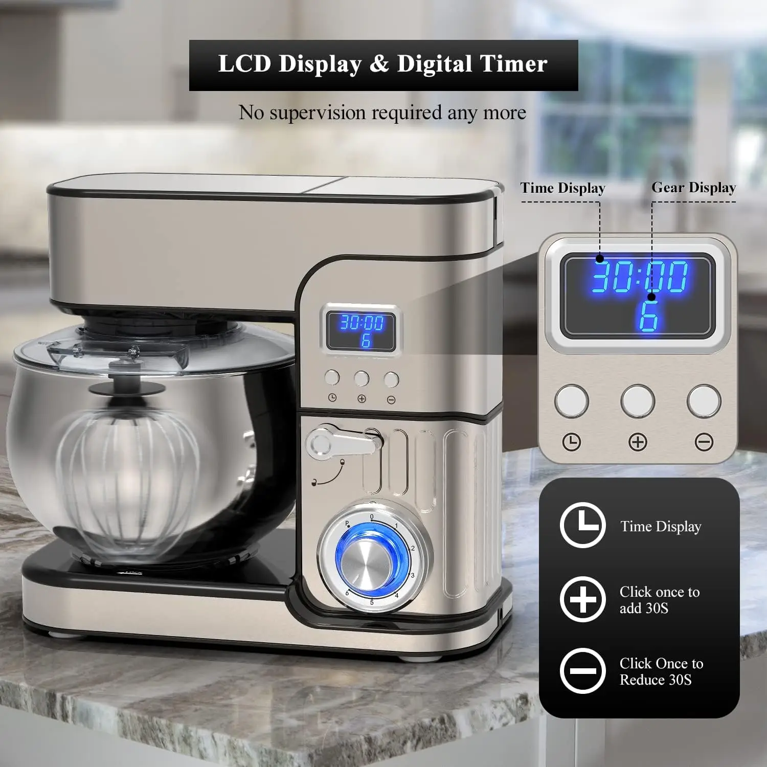 Stand Mixer, LCD Display Kitchen Electric Mixer, 6.5QT Stainless Steel Bowl Multi-Function Kitchen Mixer With Dough Hook,