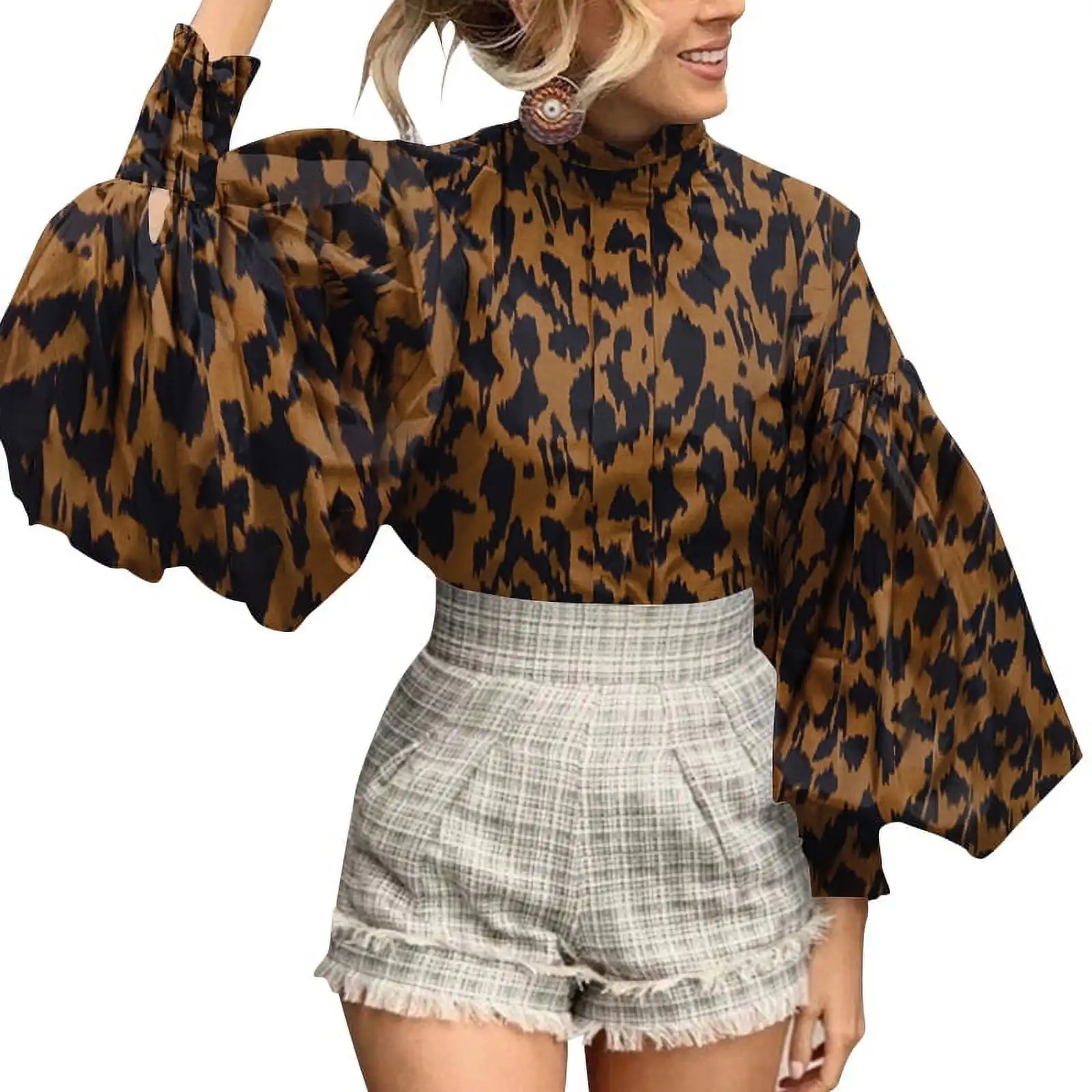 

Women Leopard Print Stand Up Collar Pleated Lantern Sleeve Shirt
