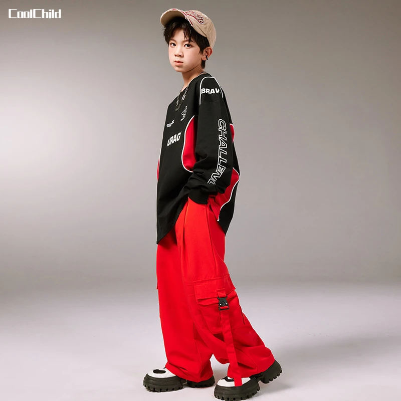 Girls Hip Hop Contrast Crop Top Red Cargo Pants Clothes Sets Boys Street Dance Sweatshirt Kids Jazz Costumes Children Streetwear