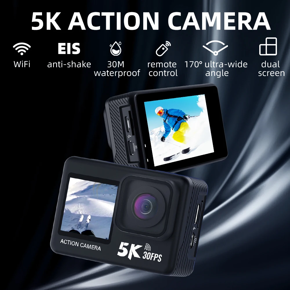 액션 카메라 5K30FPS 4K60FPS 2.0 터치 LCD 48MP EIS DVR 웹캠 듀얼 스크린 Wi-Fi 170D 방수 30M 5X 줌 스포츠 카메라
