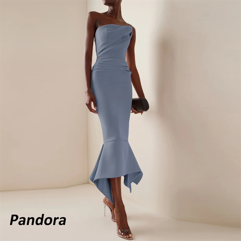 

Pandora Blue Strapless Evening Gown Pleated Mermaid with Ruffles Women's wedding Banquet Party Dress