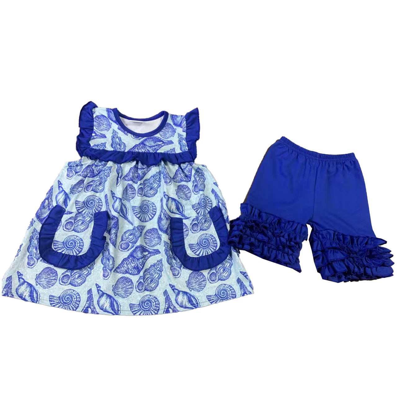 

Summer girls suit, milk silk fabric blue conch pattern lace sleeveless dress shorts suit + small flying sleeve dress, series set