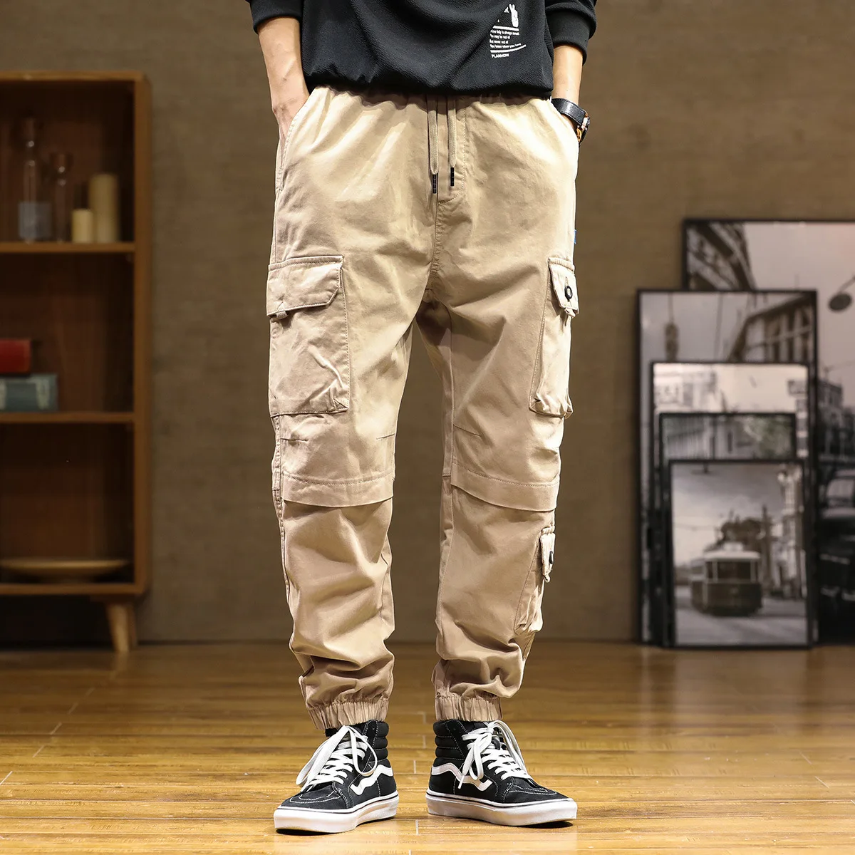 Elmsk New autumn and winter men's Harajuku khaki overalls casual elastic rope elastic multi pocket loose ankle sports pants