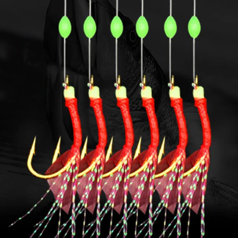 

2 packs/lot Steel Carbon String Hooks 6 in 1 Mackerel Feathers Fishing Lures Sea Fishing Tackle Luminous Hook Sabiki Rig A295