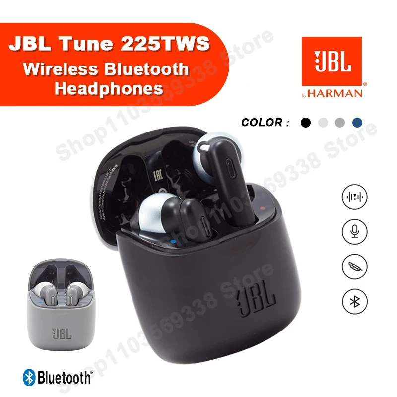 Official JBL TUNE 225TWS True Wireless Bluetooth Headphones Stereo Earbuds Bass Sound Earphones Headset JBL T225 TWS with Mic