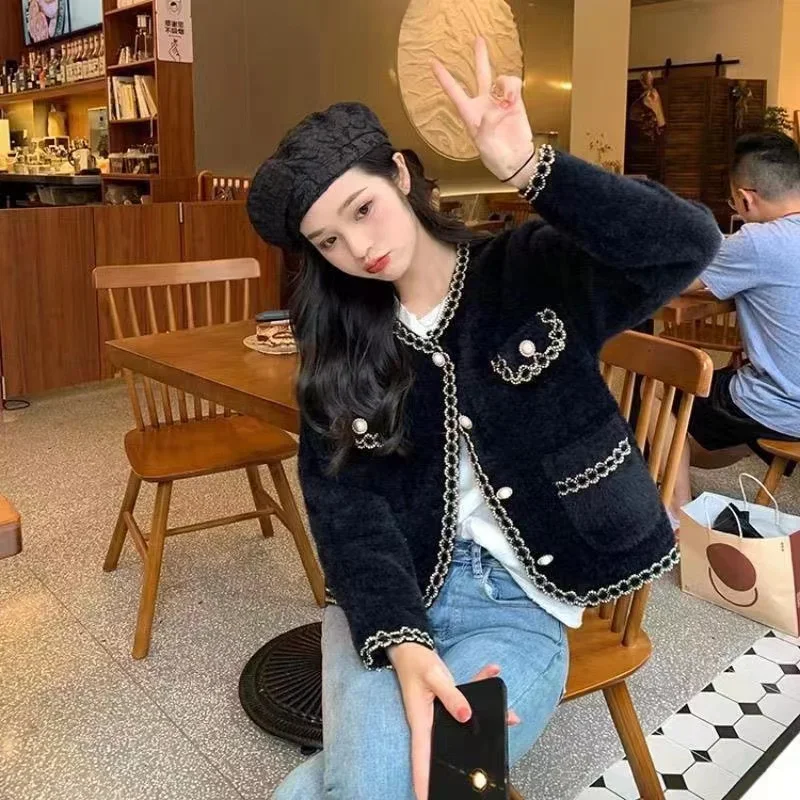 New Autumn and Winter Women's Elegant Cardigan Sweater Fashion Crew Neck Lace Solid Color Women's Shoulder Jacket with Pocket