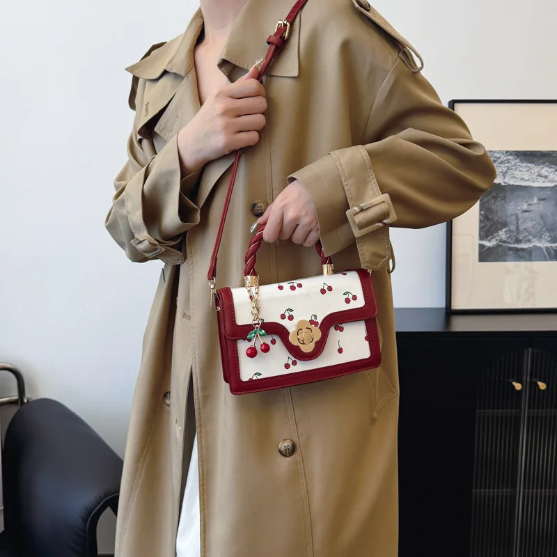 High End Pu Cherry Print Square Tote Bag, Versatile Stylish Shoulder Crossbody Bags for Women Teen Girls Shopping, Work, Dating