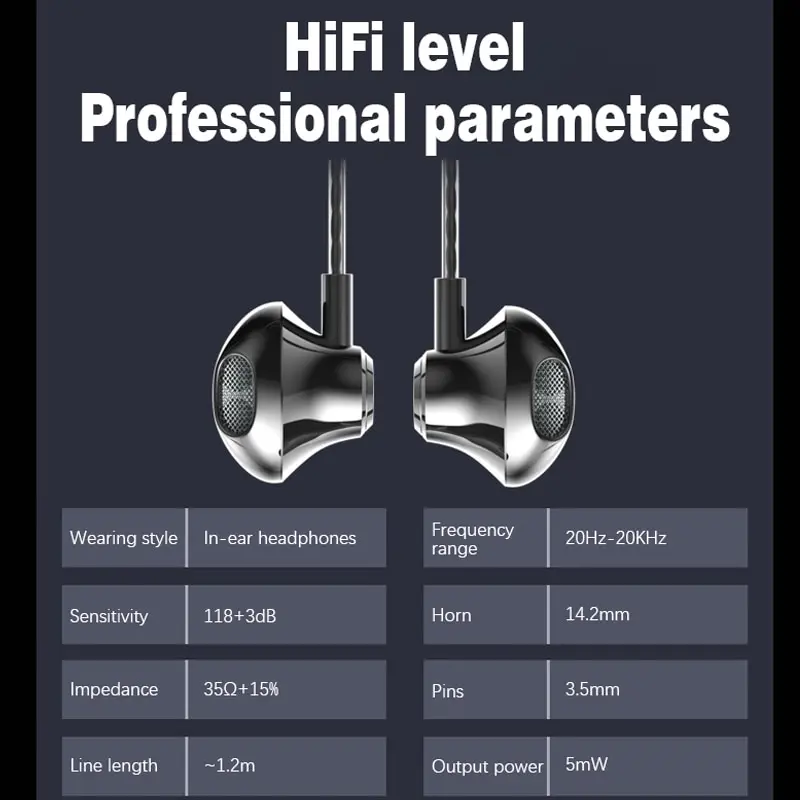 Half In Ear Metal Wired Earphones 3.5mm Round Holes Bass For Smart Phones Esports Running Sports