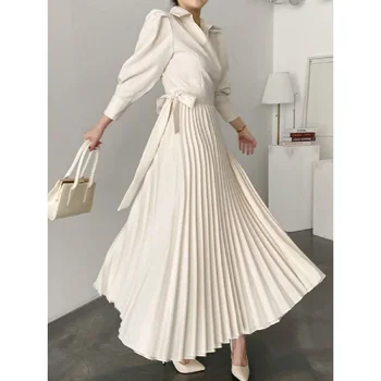 Tinaa Hot Sales Asymmetric Pleated Solid Color Lapel Shirt Dress Maxi Dresses 2024 Stylish Midi Dresses for Women 4