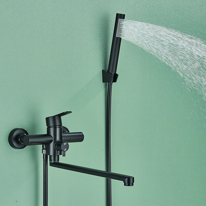 Long Spout Bathtub Shower Faucet Hot and Cold Water Mixer Swivel Tub Spout Wall Mounted Bath Tap  2-ways Water Outlet Crane 3