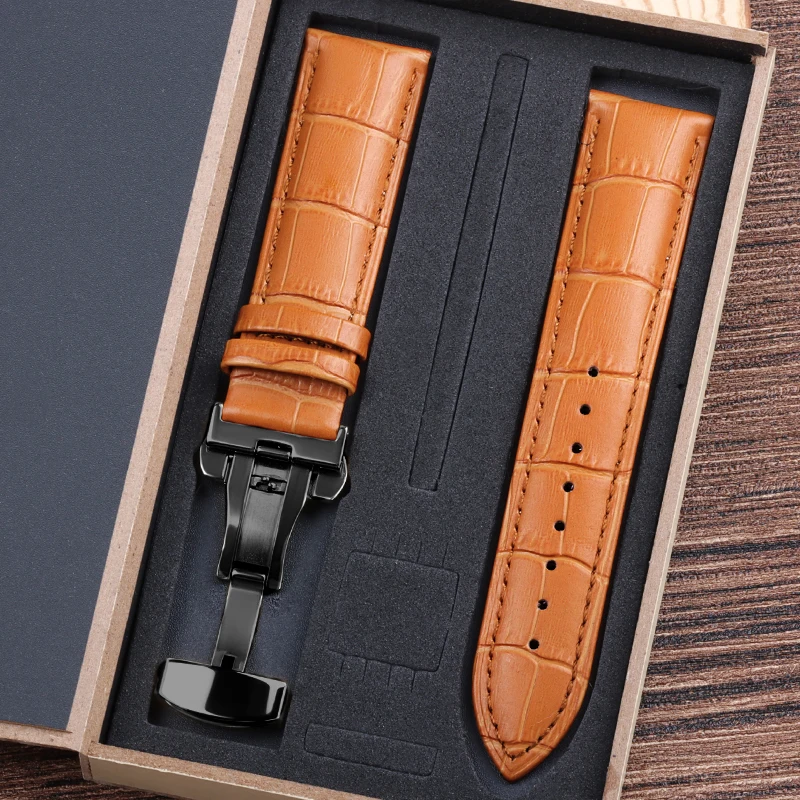 Premium Leather Watchband with Metal Butterfly Clasp - Unisex Strap with Gift Box