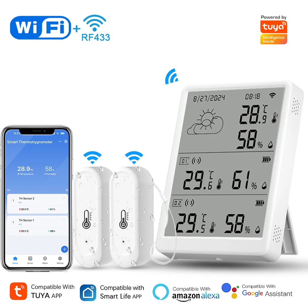 Tuya – ensemble de capteurs de température et d'humidité WiFi + RF433, moniteur d'affichage d'écran, Kits de sous-appareils principaux, fonctionne avec Alexa Google Home