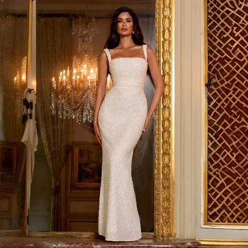 White Sequin Maxi Dress Square Neck Lace Up Back Mermaid Evening Gown Maxi Dress Wedding Guest Bridal Party Cocktail Formal New 1