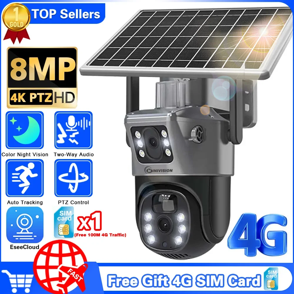 

4K 8MP Solar Battery PTZ Cameras Free Gift 4G Sim Card Dual Lens Dual Screen Outdoor Security Protection PIR Auto Tracking CCTV
