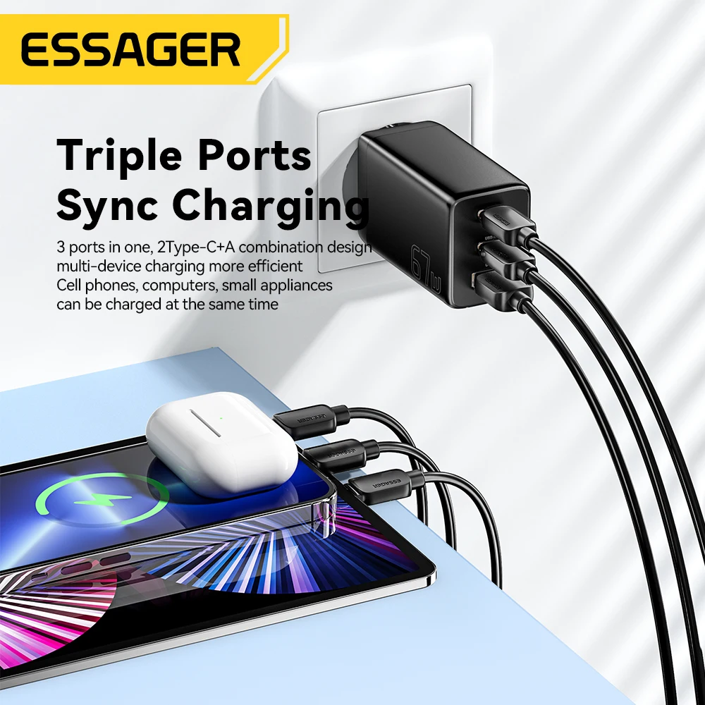 Essager 67W GaN USB Type C Charger PPS 65W Fast Charge For Samsung QC 4.0 PD 3.0 iPhone 15 14 13 Pro Huawei Phone Laptop Chagers