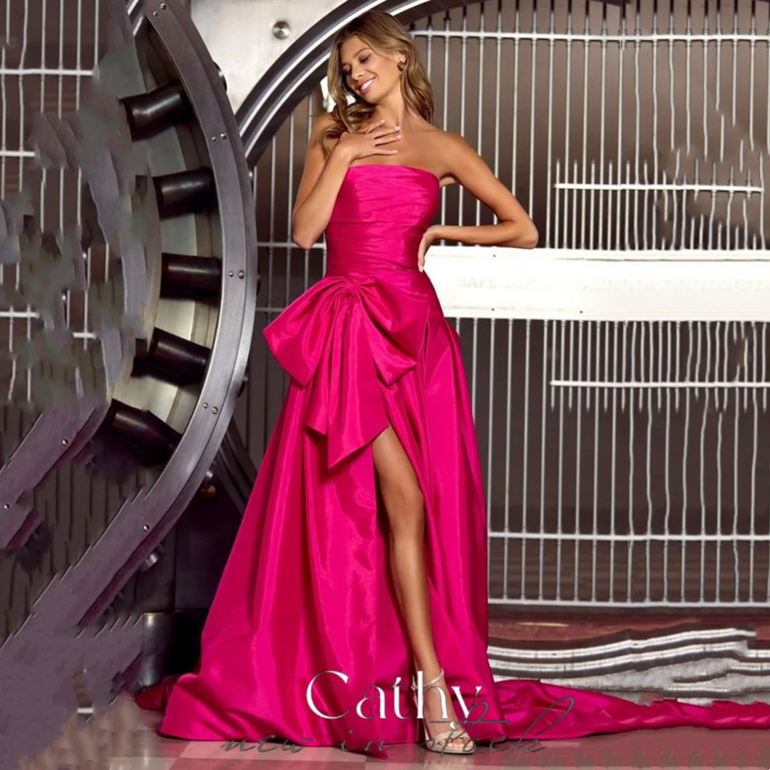 

Cathy Hot Pink High-low A-line Prom Dress Sweetheart Big Floppy Bow فساتين السهرة Off Shoulder Satin Evening Dress