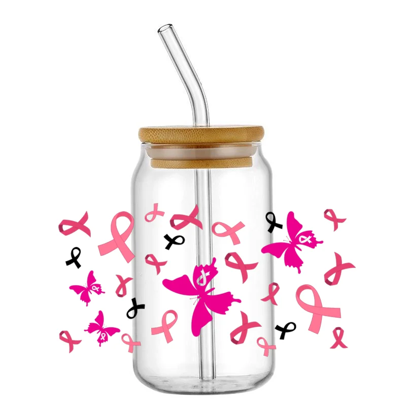 

Caring for Breast Cancer Subject UV DTF Glass Cup Wrap Transfer Sticker UV DTF Waterproof Transfer Sticker for 16oz Libbey