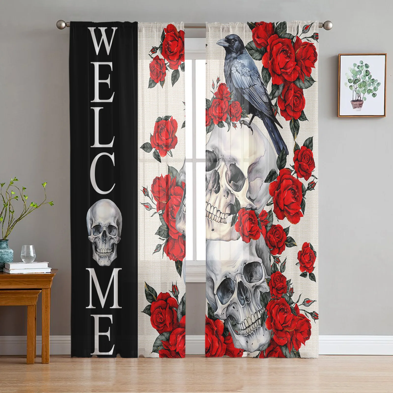 

Halloween Skeleton Crow Red Rose Tulle Curtains for Living Room Sheer Curtain for Bedroom Christmas Blinds Voile Curtains