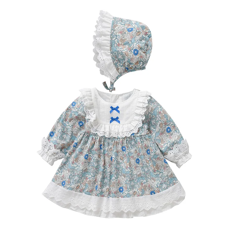 beautiful baby girl skirt Spring Kids Clothes Lantern-sleeved Girls Baby Dress Floral Print Children's Dress with Hat 0-4T fashion baby girl skirt
