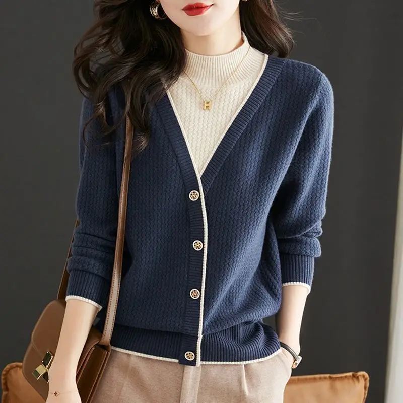 

Women Autumn Winter New Half High Neck Pullover Knitwear Commuter Fashion Simple Button Sweater Loose Versatile Long Sleeve Tops