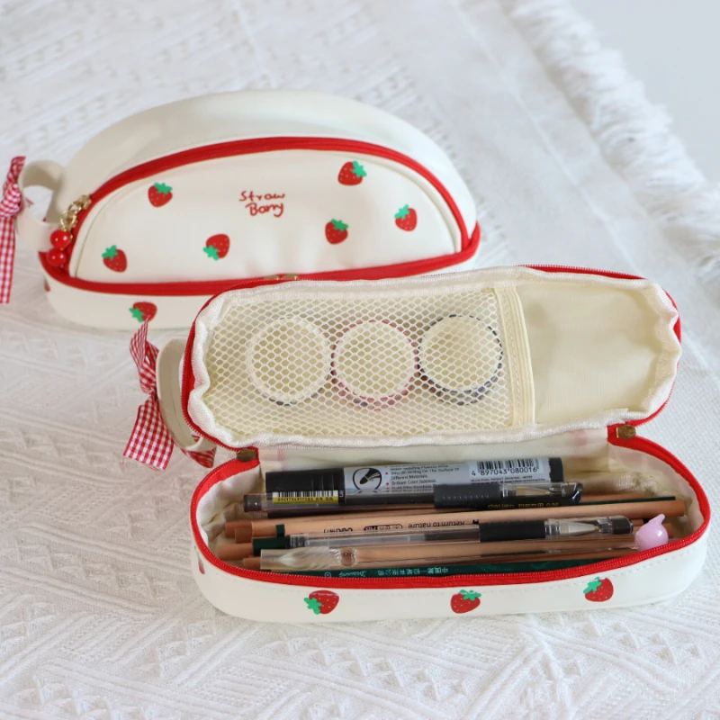 Cute Strawberry Love Pen Bag for Cool Girl PU Easy to Clean Butterfly Knot Stationery Storage Bag Birthday Gift Pen 1pc