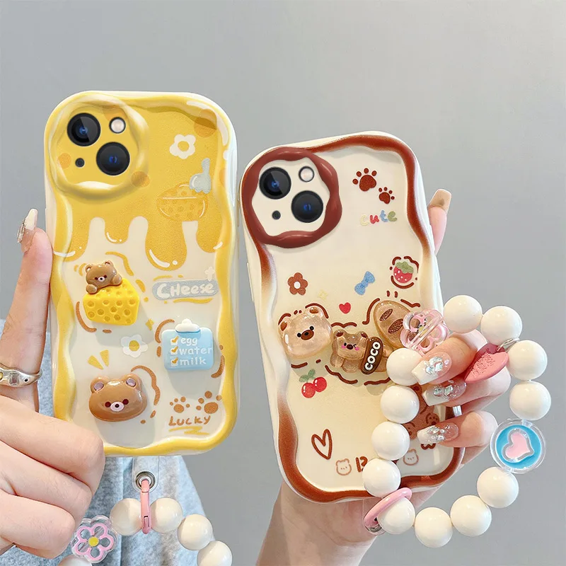 

3D Fashion Luxury Adorable Doll Cartoon Soft Silicon Phone Case On For Apple iPhone 14 iPhone14 Wristband Back Cover