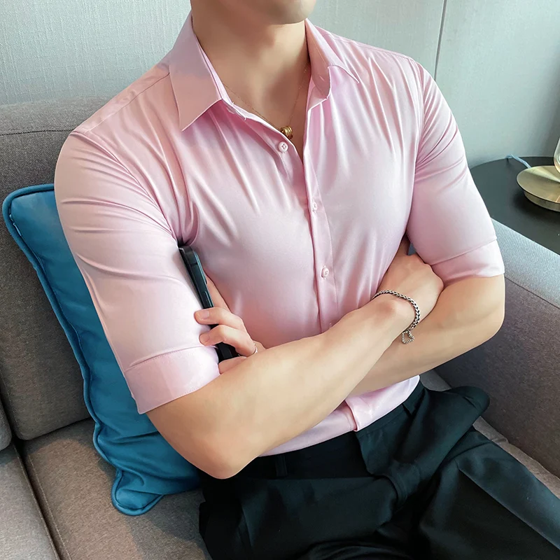 

Shirts For Men Korean Luxury Clothing Big Size Half Sleeve Men's Social Shirt All Match Slim Fit Casual Summer Mens Dress Shirts