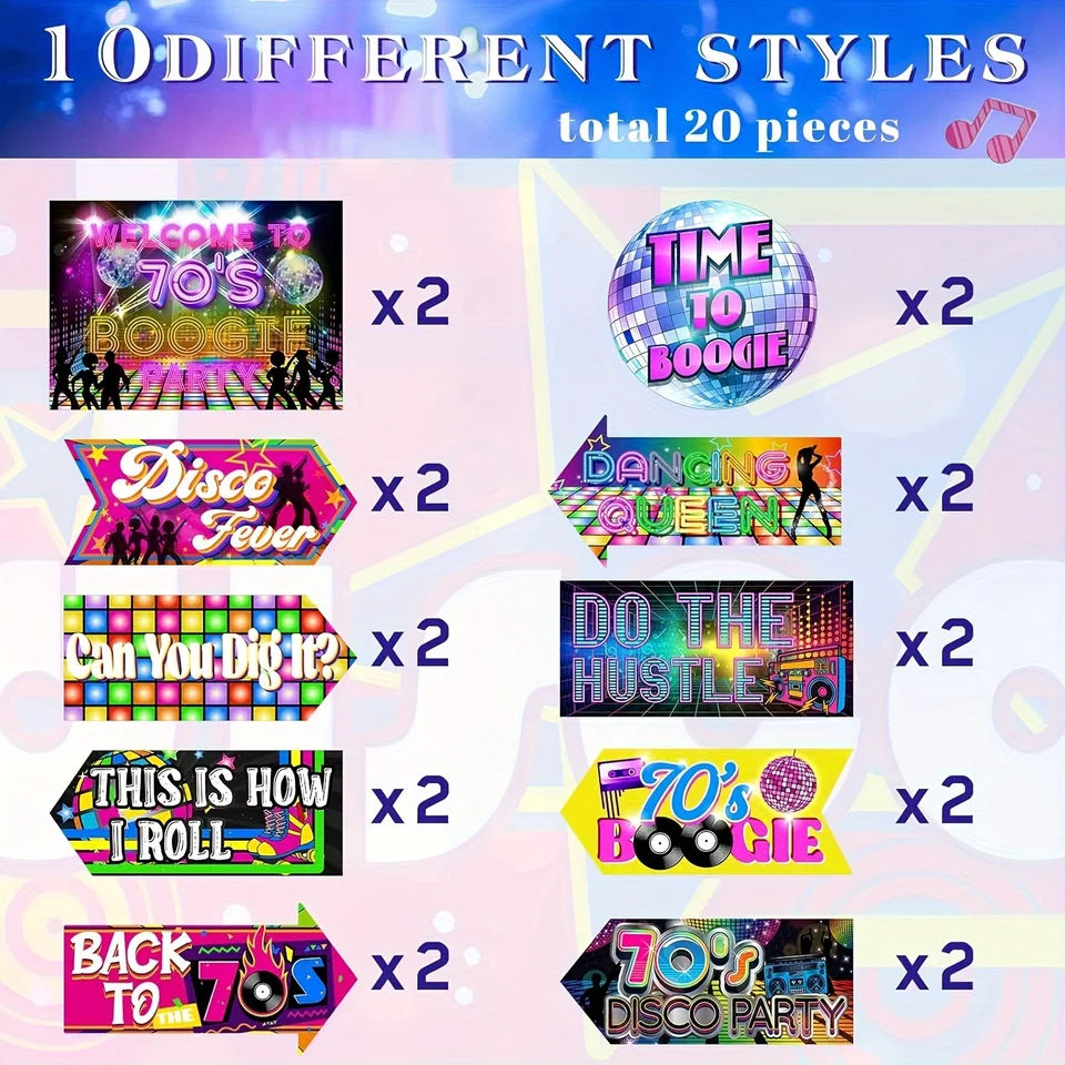 70s Disco Party Signs - 20 Piece Retro Decorations With Disco Ball & Dance Themes
