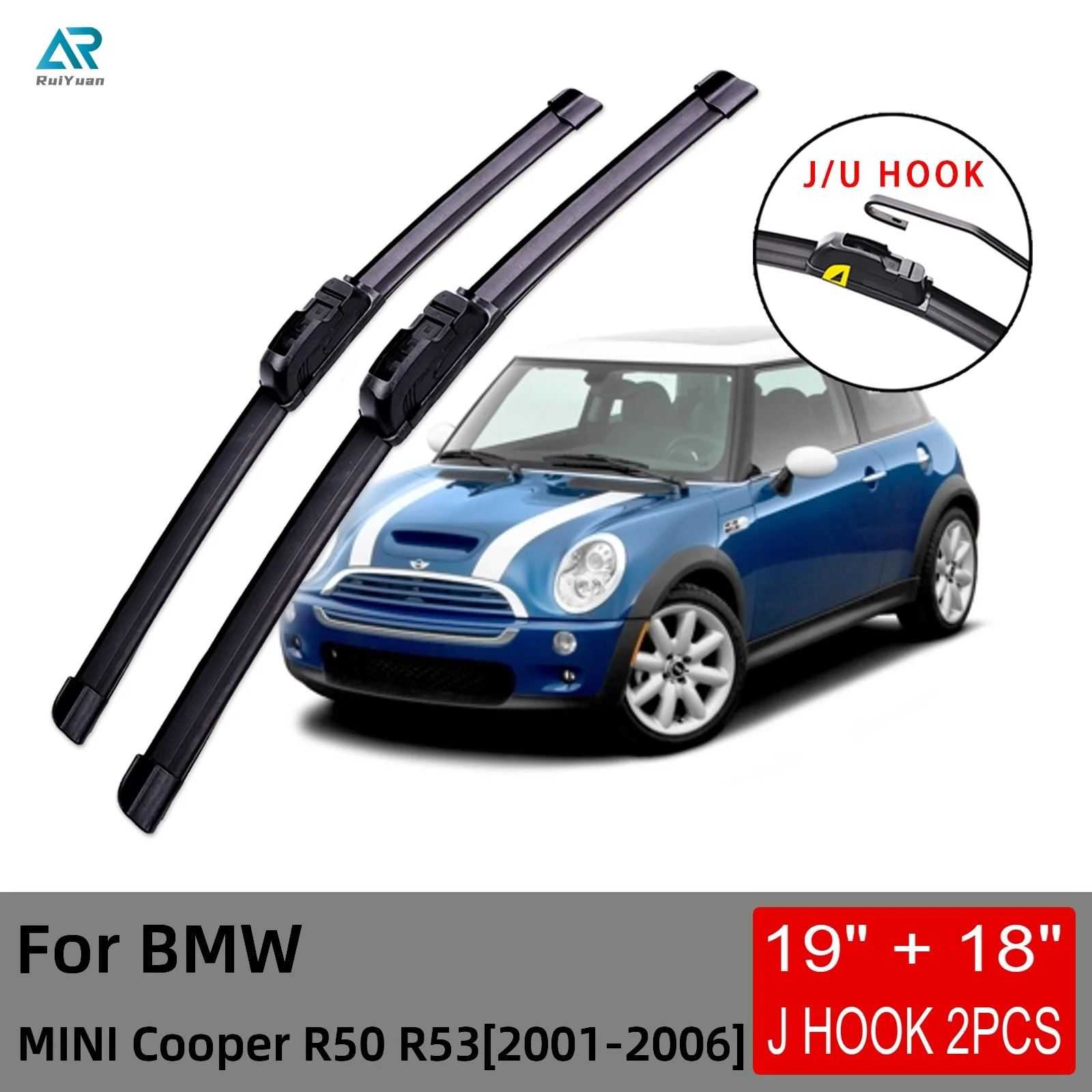 

For BMW MINI One Cooper R50 R53 2001 2002 2003 2004 2005 2006 Front Wiper Blades Brushes Cutter Accessories U J Hook