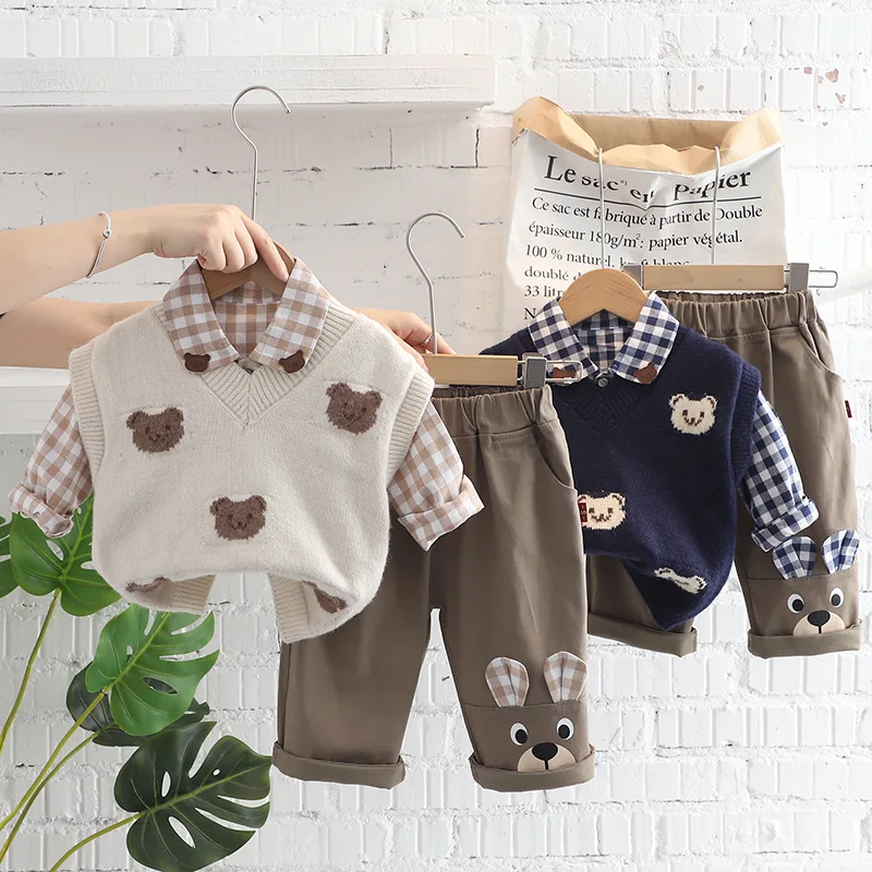 Milancel Bear Vest Suit para crianças, camisa