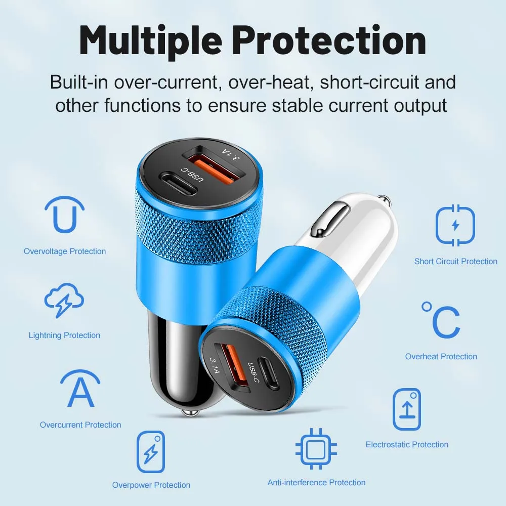 3.1A PD Car Charger USB Type C Fast Charging Car Phone Charger Adapter for iPhone 15 14 iPad Xiaomi Huawei Samsung Quick Charger
