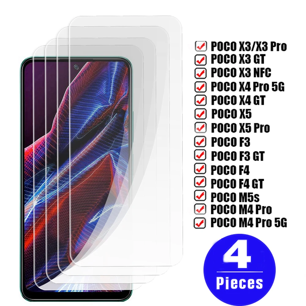 

4Pcs 9H For xiaomi Poco M5 M5s Tempered glass Poco X5 Pro X4 F4 GT F3 X3 NFC M4 5G protective film Glass phone screen protector