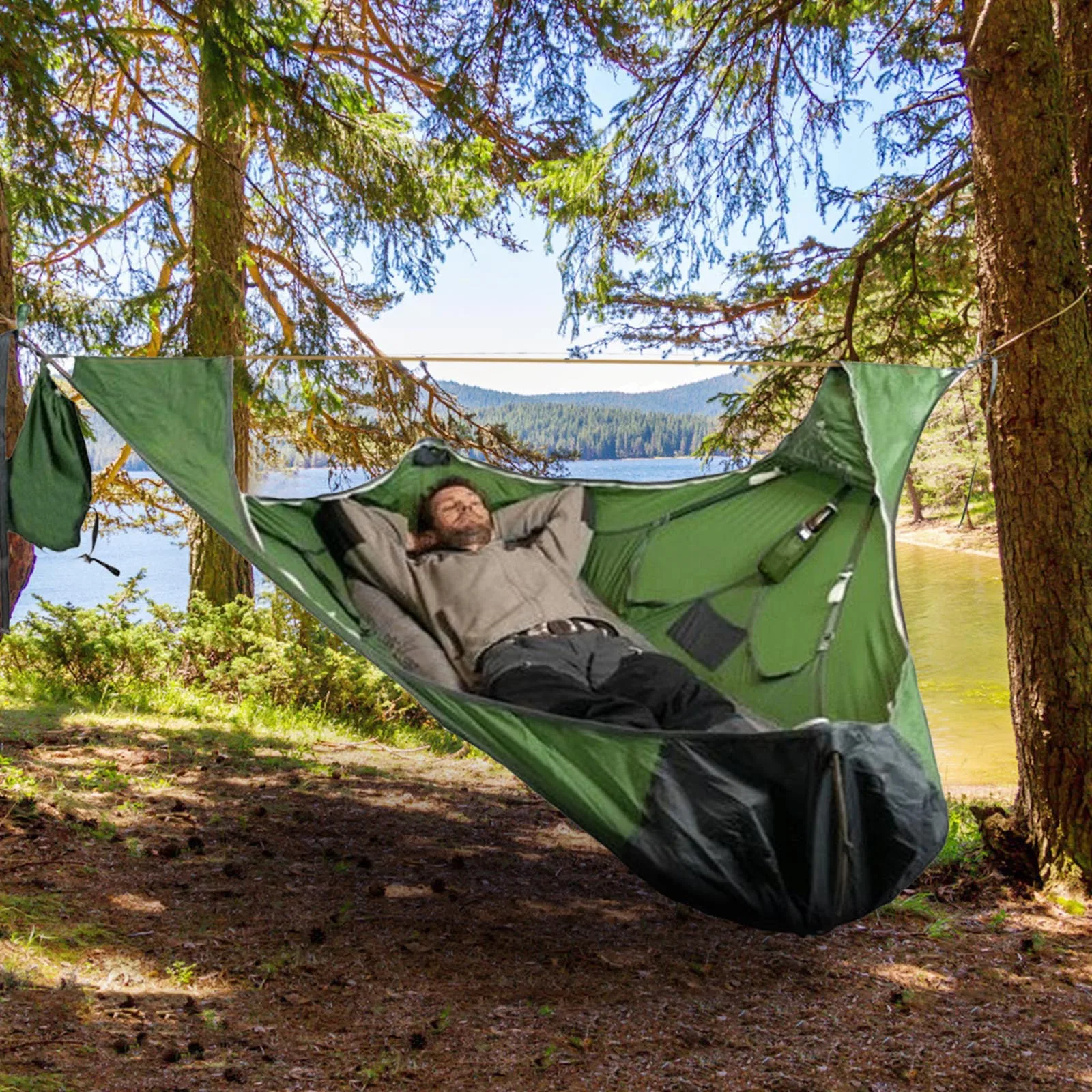 Outdoor Flat Sleep Hammock Tent Suspension Kit Camping Hammock Camping Cot with Rain Fly&Bug Net Straps