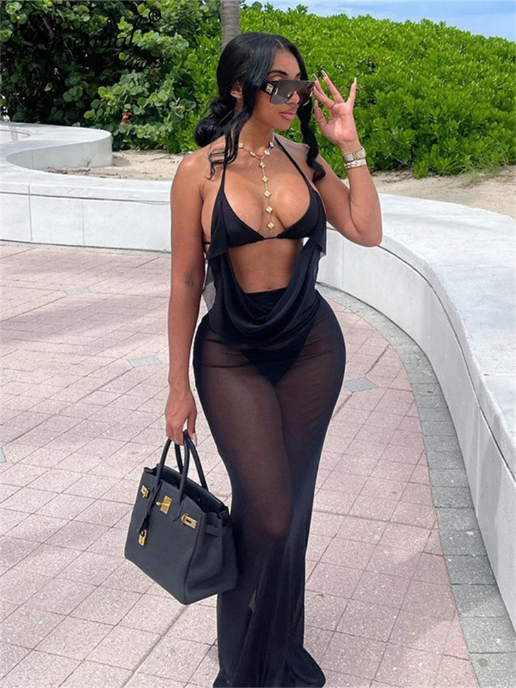 Simenual Hotsweet Black Transparent Mesh Three Piece Sets Sexy Hollow Out Backless Long Dress Y2K Hot Party Outfits Beachwear