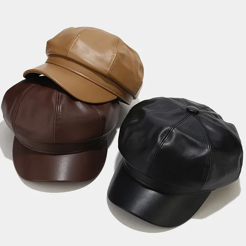 PU couro octogonal Cap para homens e mulheres, quente, francês, feminino, coreano, retro, pintor, taxista, boina, inverno