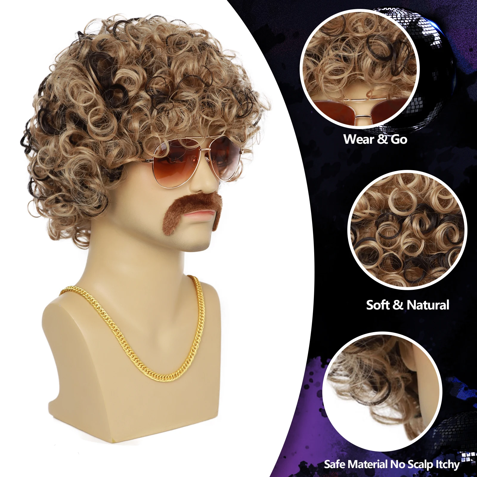 Men 70s Feathered Hair Wig 1970s Heartthrob Wavy Flipped Tips