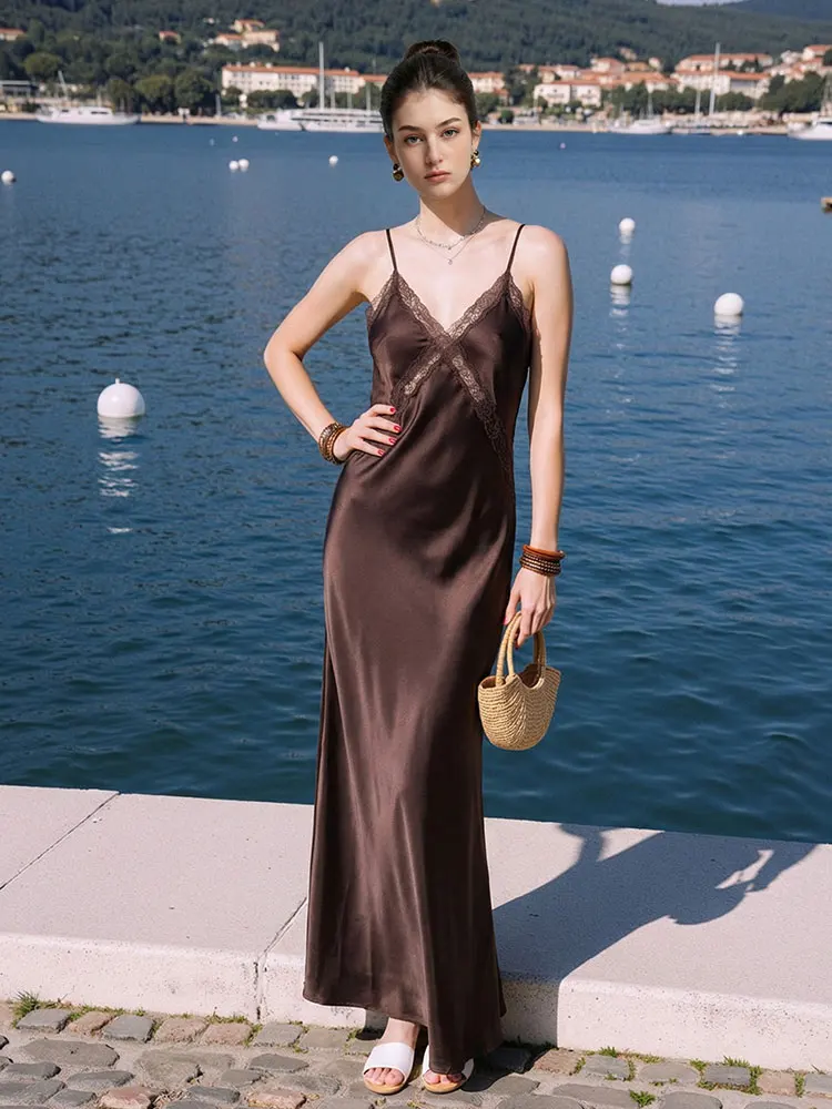 HH Women Sexy Lace Spliced Spaghetti Strap Long Dress Backless V Neck Sleeveless Dresses Summer Club Party Lady Evening Dress