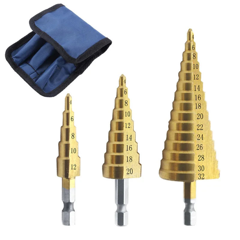 

Hexagonal shank straight slot titanium plated ladder drill 3PCS 3-12mm 4-12mm 4-20mm drill bit kit box mounted pagoda drill bit