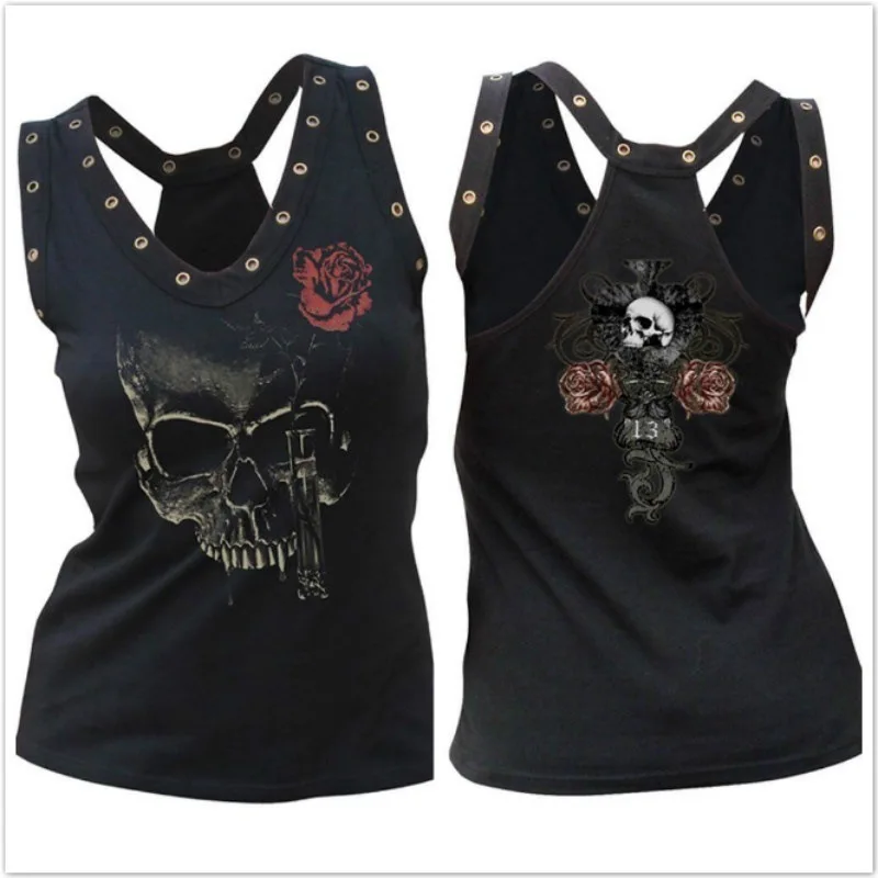 [You're My Secret] Women's Tank Top Spring and Summer New Female Skull Printed Casual Camisole Punk Dark Sleeveless T-Shirt Vest