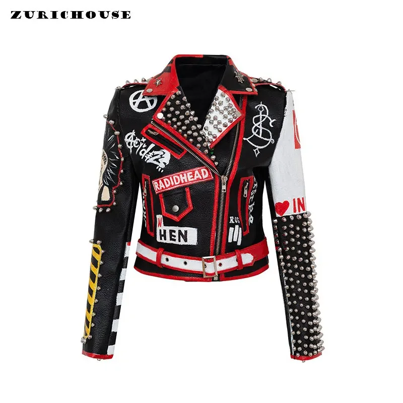 Rock Punk Motorcycle Leather Jacket Women 2024 Trend Metal Rivets Streetwear Graffiti  Print Faux Leather Cropped Jacket S-XXXL